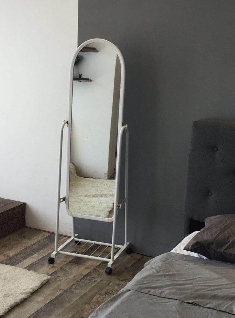 Full Length Standing Mirror with Wheels, White Metal Frame, Arched Top, Mobile Floor Mirror with Storage Shelf,