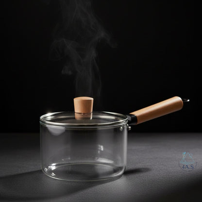 Glass Cooking Pot with Lid, 1.8L Capacity, Borosilicate Glass, Wooden Handle