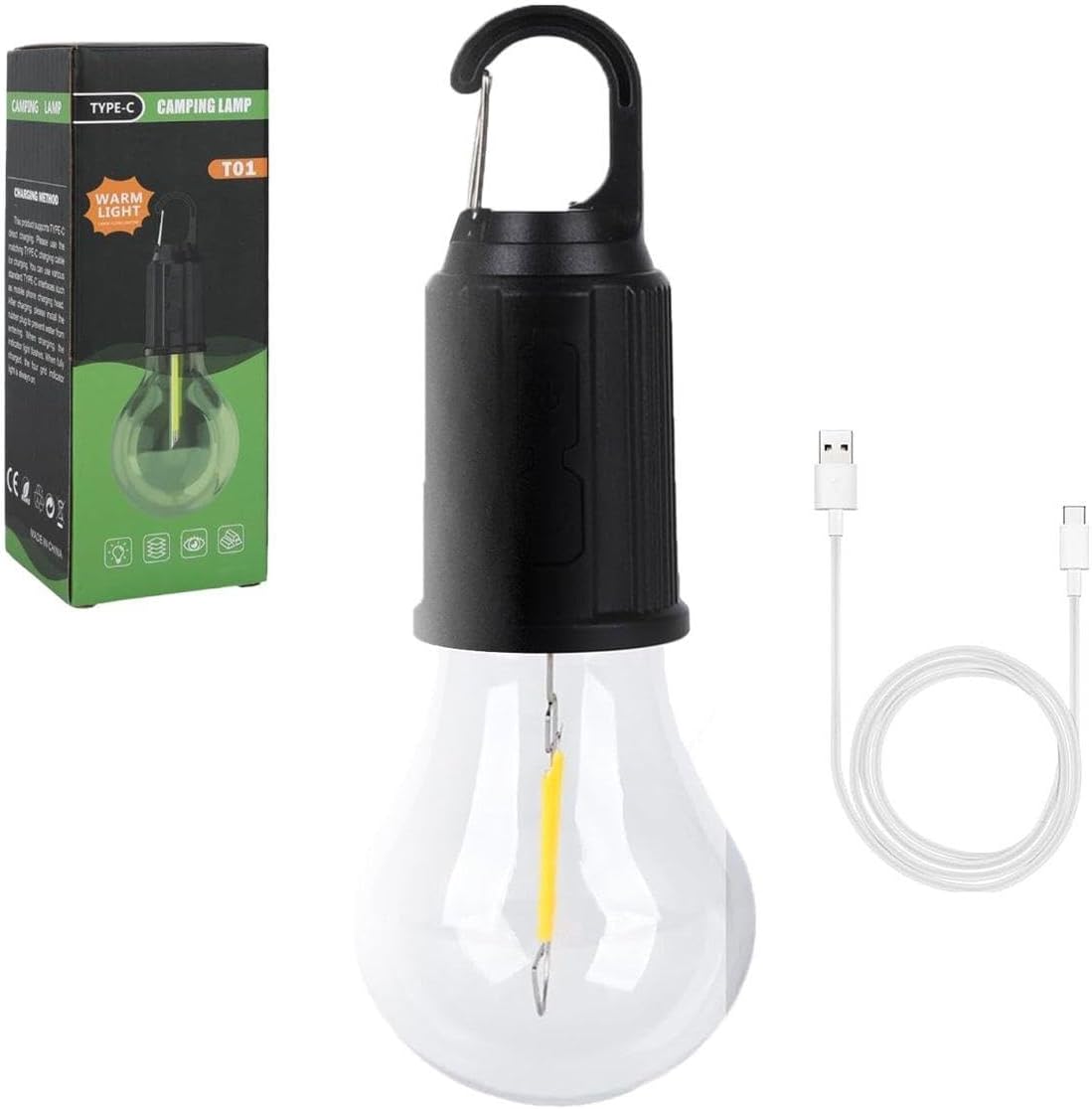 USB Type-C Rechargeable Camping Lamp, Warm Light, Portable LED Bulb with Carabiner Hook, Outdoor Tent Light