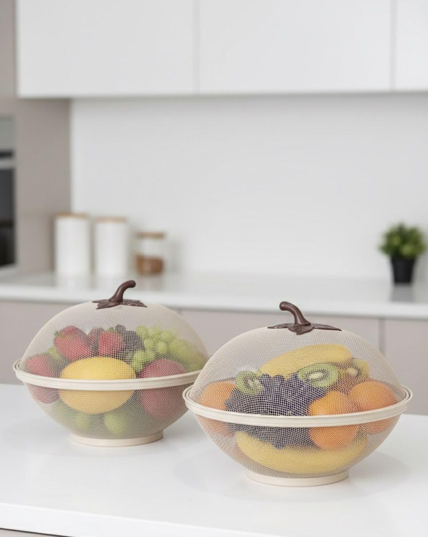 Food Cover Bowls with Handle, Set of 2, Beige, Dome Lid, Fruit Storage