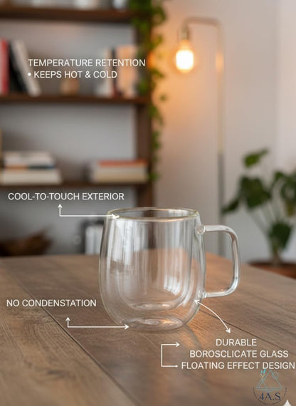Double Walled Glass Coffee Mugs, Clear, 250ml, Pack of 6, Insulated Thermal Cups with Handle