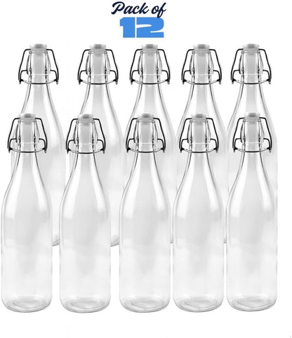 Premium 1 Liter Glass Bottles with Airtight Swing Top Lids – Pack of 12 Reusable Leak-Proof Clear Glass Water, Juice, Oil & Beverage Bottles for Kitchen, Fridge & Home Storage
