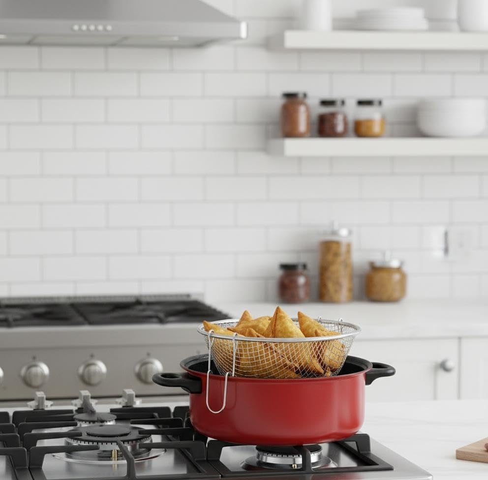 Deep Fryer Pot with Basket and Lid, Red, Non-Stick Coating, Wire Mesh Basket, Glass Lid with Black Handles,20 CM