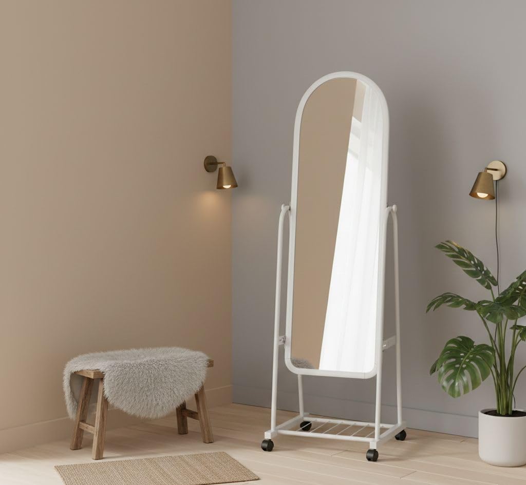Full Length Standing Mirror with Wheels, White Metal Frame, Arched Top, Mobile Floor Mirror with Storage Shelf,