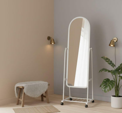 Full Length Standing Mirror with Wheels, White Metal Frame, Arched Top, Mobile Floor Mirror with Storage Shelf,