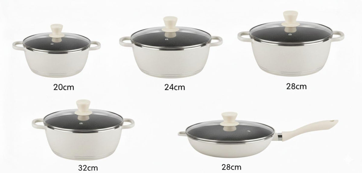 Premium Granite Cookware Set, 10 Pieces, Black, Non-stick with Toughened Glass Lids, 20/24/28/32cm Sauce Pots and 28cm Fry Pan,Beige