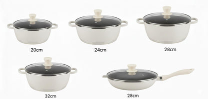Premium Granite Cookware Set, 10 Pieces, Black, Non-stick with Toughened Glass Lids, 20/24/28/32cm Sauce Pots and 28cm Fry Pan,Beige