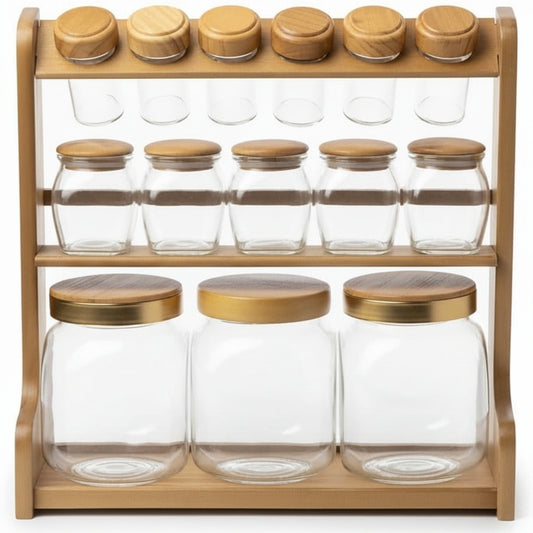 12 PackBamboo Spice Jar Organizer Rack with Glass Jars, 3-Tier Storage, Wooden Lids