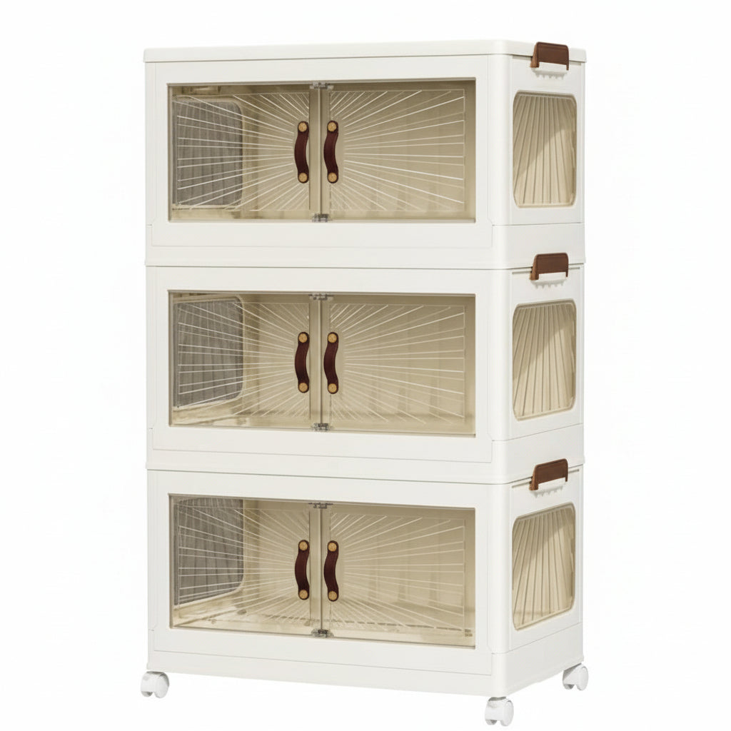 3-Tier Stackable Plastic Storage Organizer with Double Front Magnetic Doors, Large Collapsible  Storage Cabinet,66 * 40 * 25