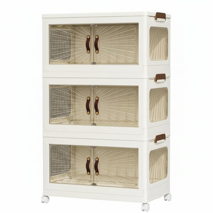 3-Tier Stackable Plastic Storage Organizer with Double Front Magnetic Doors, Large Collapsible  Storage Cabinet,66 * 40 * 25