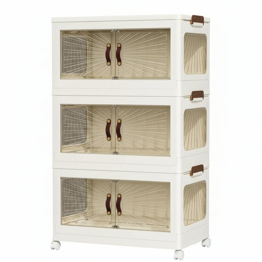 3-Tier Stackable Plastic Storage Organizer with Double Front Magnetic Doors, Large Collapsible  Storage Cabinet,66 * 40 * 25