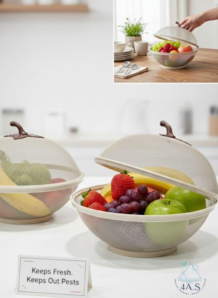 Food Cover Bowls with Handle, Set of 2, Beige, Dome Lid, Fruit Storage