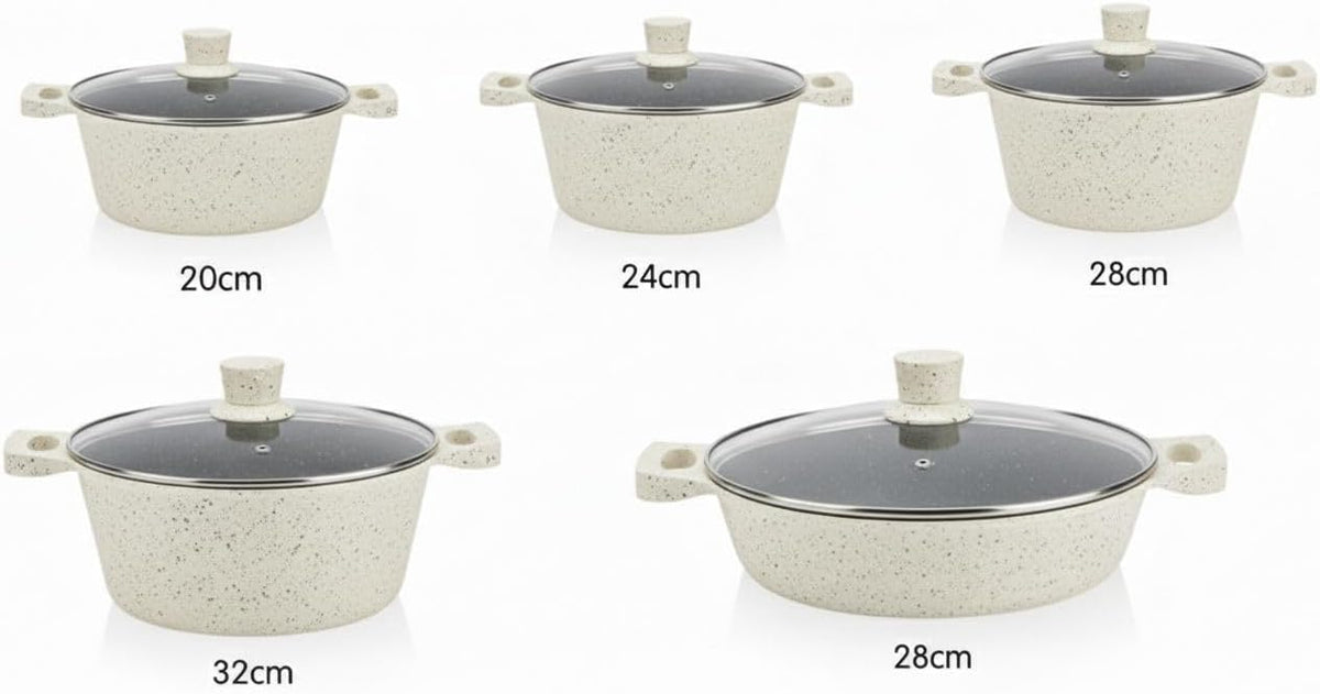 10 Piece Granite Non-Stick Cookware Set with Glass Lids, Cream Speckled Granite Finish