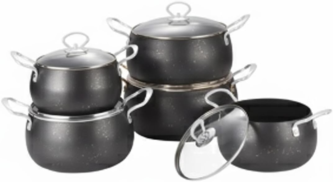 10-Piece Non-Stick Cookware Set, Die-Cast Aluminium with Tempered Glass Lids, Granite Finish, Cool-Touch Handles