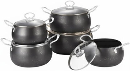 10-Piece Non-Stick Cookware Set, Die-Cast Aluminium with Tempered Glass Lids, Granite Finish, Cool-Touch Handles