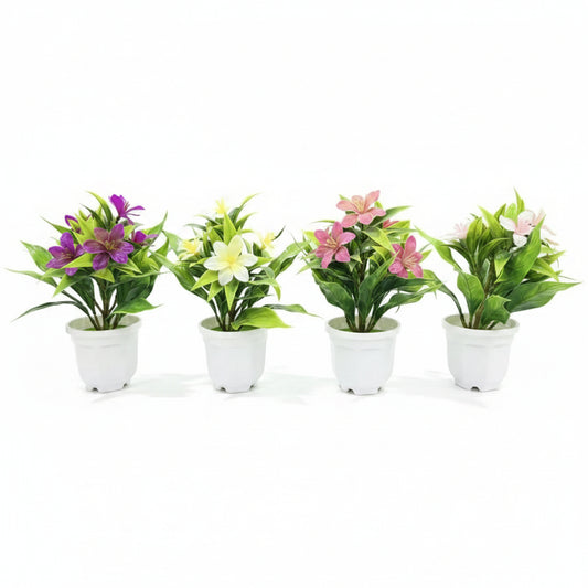 Artificial Flower Plants Set, Colorful Blooms, White Pots, Indoor Windowsill Decor, 4 Piece