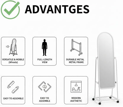 Full Length Standing Mirror with Wheels, White Metal Frame, Arched Top, Mobile Floor Mirror with Storage Shelf,