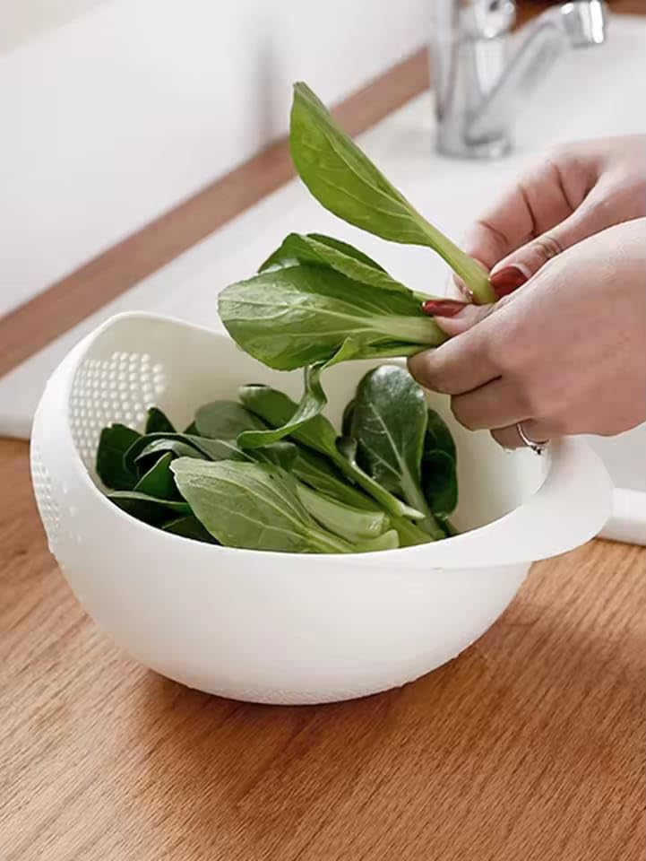 Pack of 2 Amazing Plastic Strainer Bowls Multi Functional Rice, Vegetable, and Fruits Washing Colander Basket, Kitchen Drainer & Drainage Basin for Food Prep