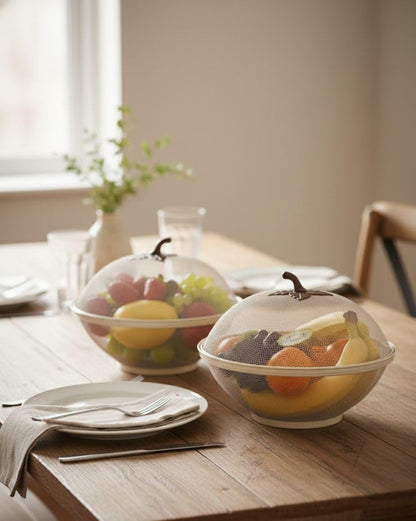 Food Cover Bowls with Handle, Set of 2, Beige, Dome Lid, Fruit Storage
