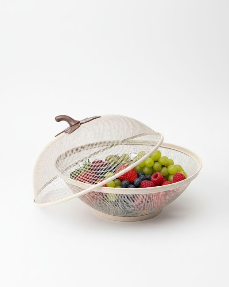 Food Cover Bowls with Handle, Set of 2, Beige, Dome Lid, Fruit Storage
