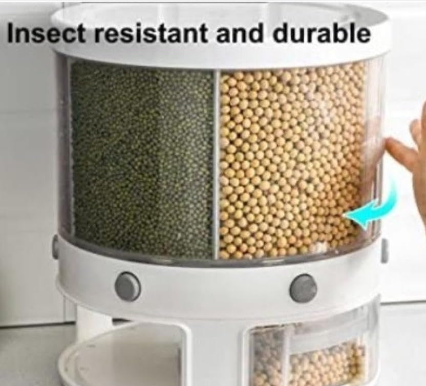 Rotating Food Storage Container, White, Multi-Compartment Grain Dispenser 5 Compartments