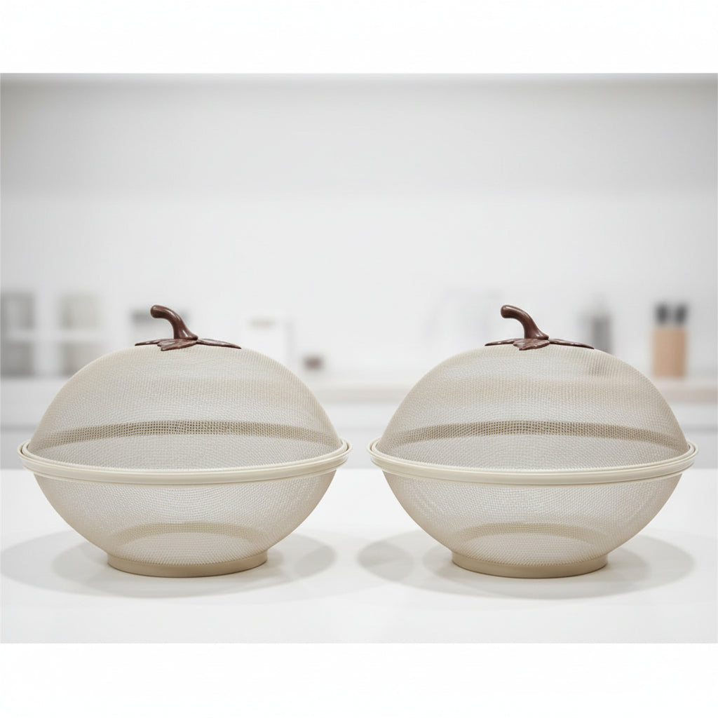 Food Cover Bowls with Handle, Set of 2, Beige, Dome Lid, Fruit Storage