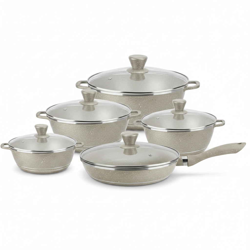 Premium Granite Cookware Set, 10 Pieces, Black, Non-stick with Toughened Glass Lids, 20/24/28/32cm Sauce Pots and 28cm Fry Pan,Beige