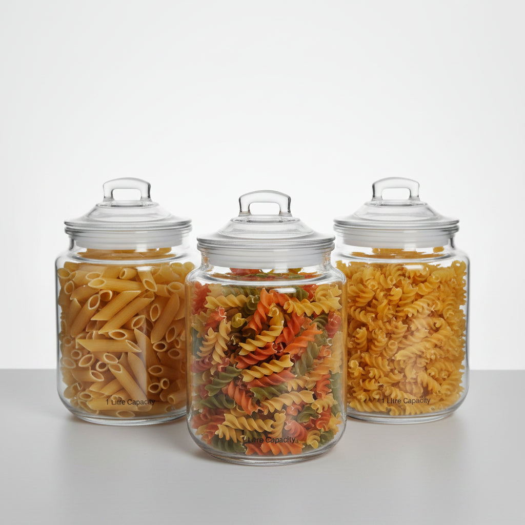 Clear Glass Storage Jars with Airtight Lids – Set of 3| 1 litres each,Ideal for Kitchen & Pantry Organization