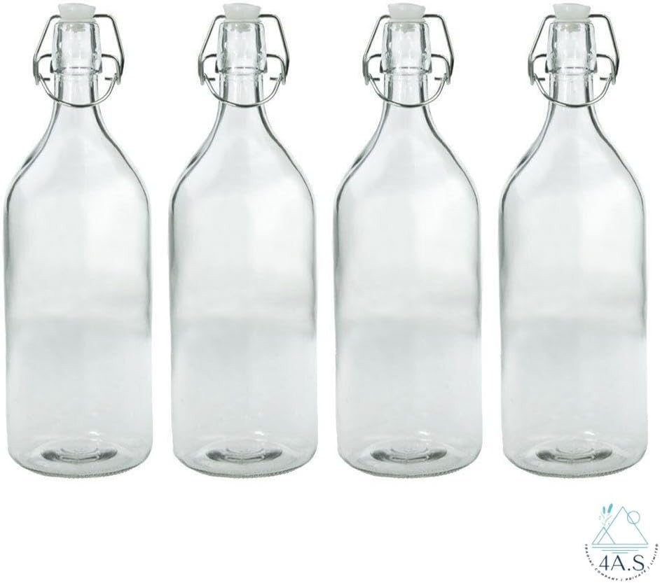 Premium Glass Swing Top Bottles with Airtight Seal, Clear, 4 Pack, Flip Top Closure for Beverages,1 L
