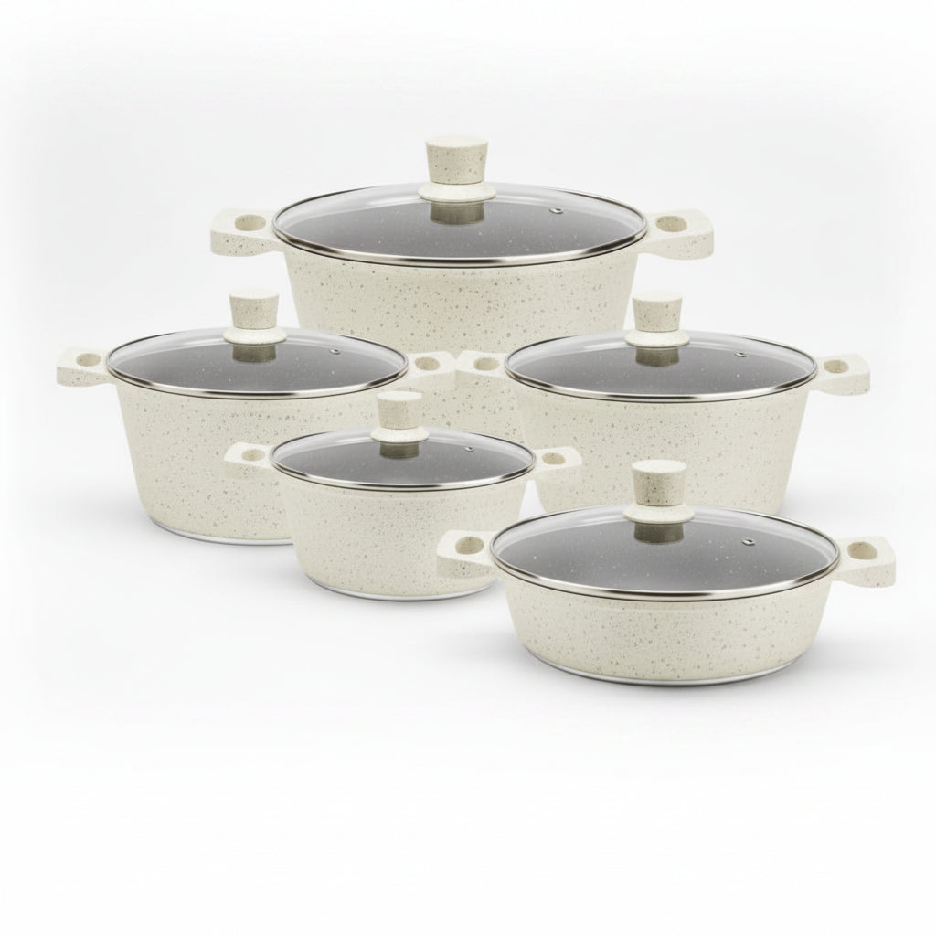 10 Piece Granite Non-Stick Cookware Set with Glass Lids, Cream Speckled Granite Finish