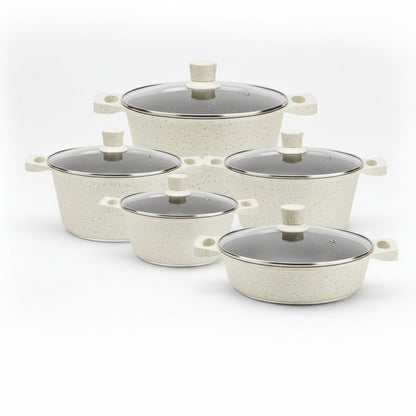 10 Piece Granite Non-Stick Cookware Set with Glass Lids, Cream Speckled Granite Finish