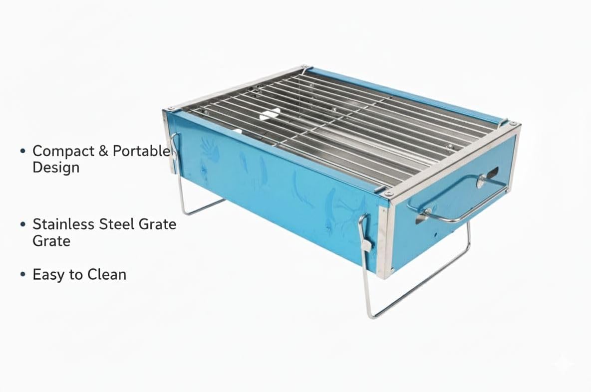 Portable Charcoal Grill, Blue, Stainless Steel, Compact Foldable Design, Efficient Cooking & Airflow, Easy Clean