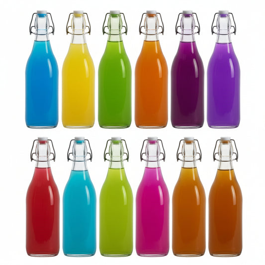 Premium 1 Liter Glass Bottles with Airtight Swing Top Lids – Pack of 12 Reusable Leak-Proof Clear Glass Water, Juice, Oil & Beverage Bottles for Kitchen, Fridge & Home Storage