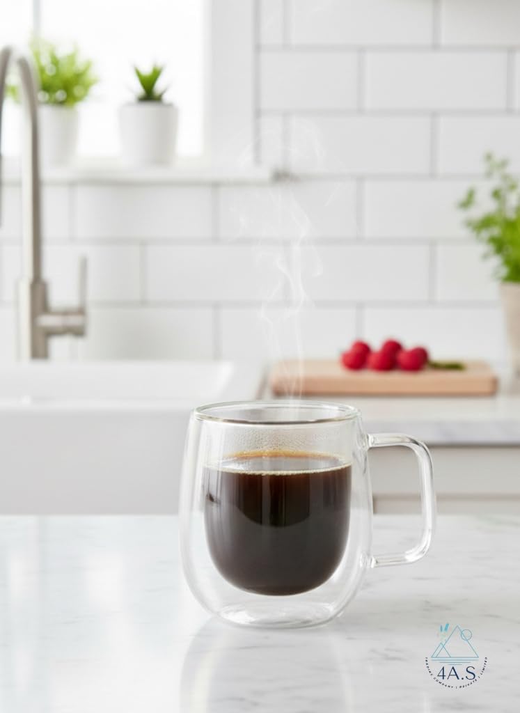 Double Walled Glass Coffee Mugs, Clear, 250ml, Pack of 6, Insulated Thermal Cups with Handle
