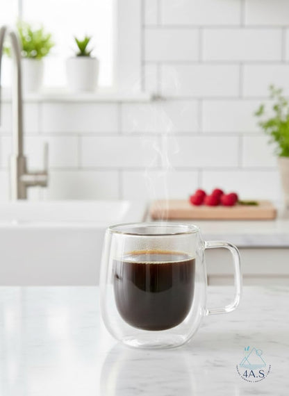 Double Walled Glass Coffee Mugs, Clear, 250ml, Pack of 6, Insulated Thermal Cups with Handle