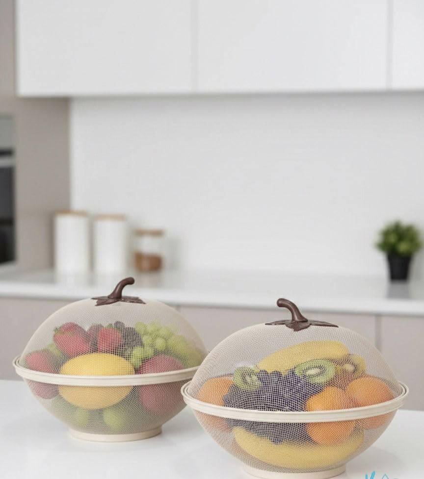 Food Cover Bowls with Handle, Set of 2, Beige, Dome Lid, Fruit Storage