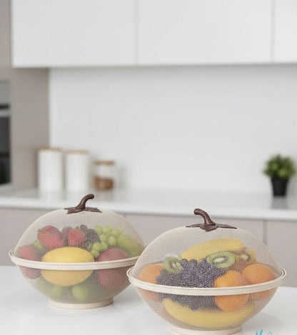 Food Cover Bowls with Handle, Set of 2, Beige, Dome Lid, Fruit Storage