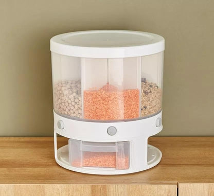 Rotating Food Storage Container, White, Multi-Compartment Grain Dispenser 5 Compartments