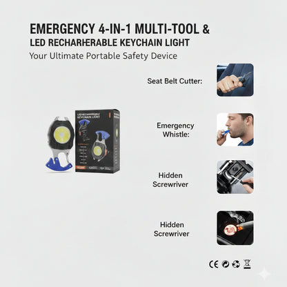 Multipurpose LED Rechargeable Keychain Light, 4-in-1 Multi-Tool, Emergency Safety Device, 6 Lighting Modes, Type-C Charging