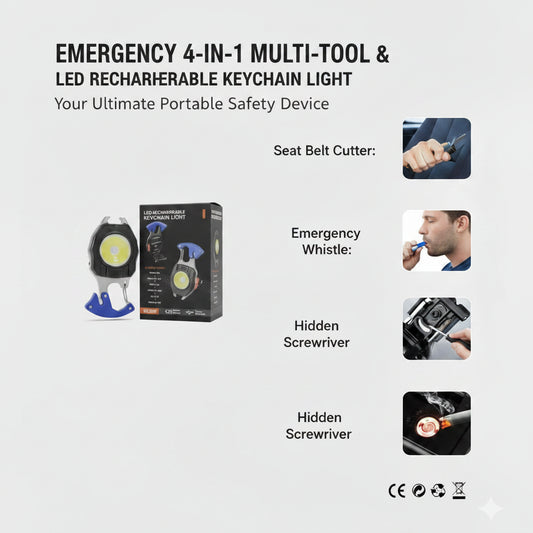 Multipurpose LED Rechargeable Keychain Light, 4-in-1 Multi-Tool, Emergency Safety Device, 6 Lighting Modes, Type-C Charging