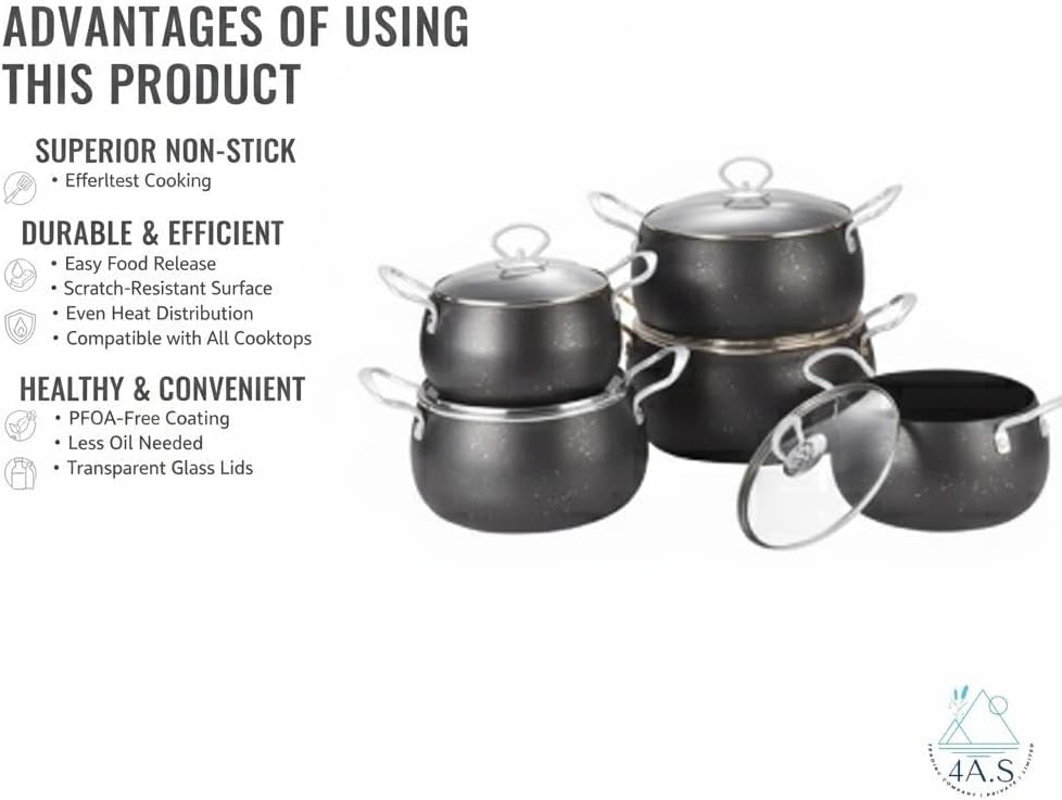 10-Piece Non-Stick Cookware Set, Die-Cast Aluminium with Tempered Glass Lids, Granite Finish, Cool-Touch Handles
