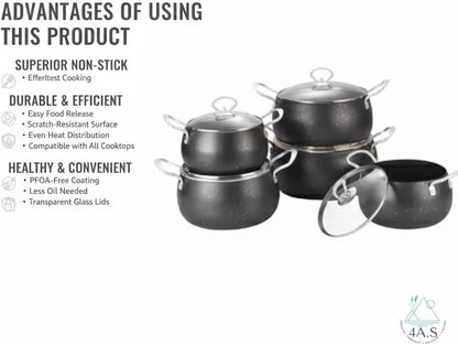 10-Piece Non-Stick Cookware Set, Die-Cast Aluminium with Tempered Glass Lids, Granite Finish, Cool-Touch Handles