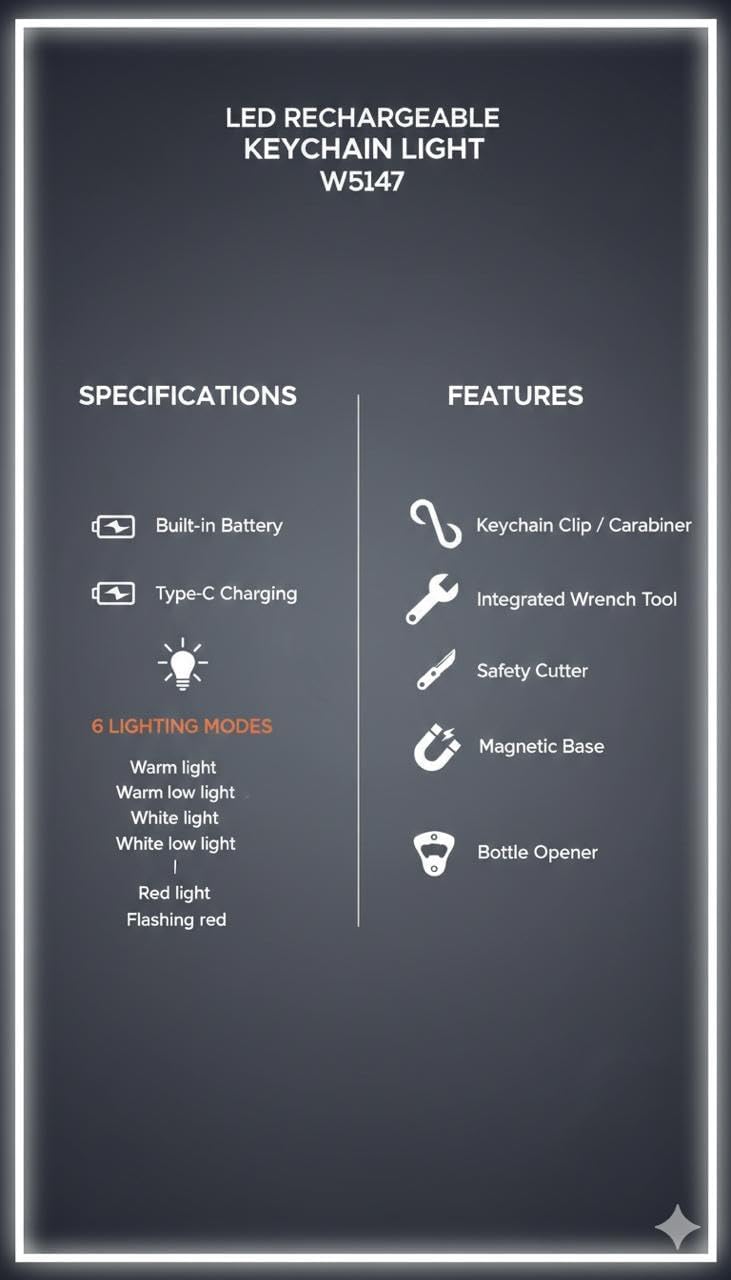 Multipurpose LED Rechargeable Keychain Light, 4-in-1 Multi-Tool, Emergency Safety Device, 6 Lighting Modes, Type-C Charging