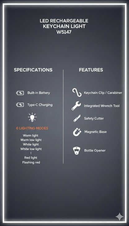 Multipurpose LED Rechargeable Keychain Light, 4-in-1 Multi-Tool, Emergency Safety Device, 6 Lighting Modes, Type-C Charging