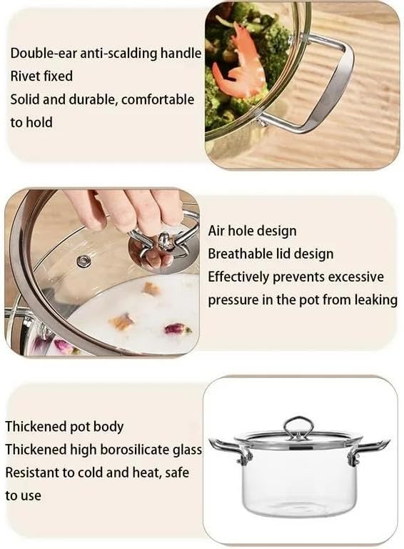 High Borosilicate Glass Cooking Pot with Lid, 3.5L, Clear