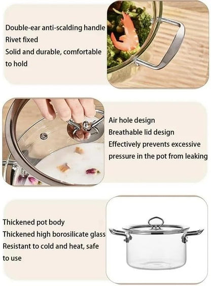 High Borosilicate Glass Cooking Pot with Lid, 3.5L, Clear