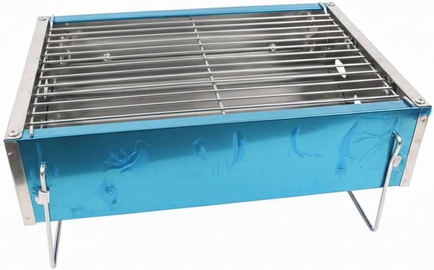 Portable Charcoal Grill, Blue, Stainless Steel, Compact Foldable Design, Efficient Cooking & Airflow, Easy Clean