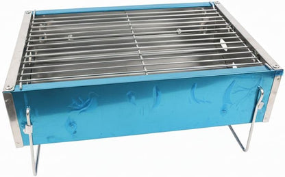 Portable Charcoal Grill, Blue, Stainless Steel, Compact Foldable Design, Efficient Cooking & Airflow, Easy Clean