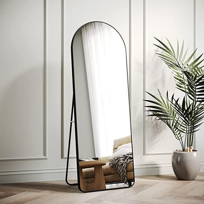 Luxury Full Length Standing Mirror, Arched Top, Black Metal Frame, 167cm x 55.5cm, Floor Mirror with Stand