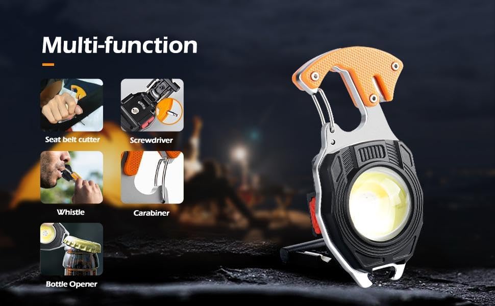 Multipurpose LED Rechargeable Keychain Light, 4-in-1 Multi-Tool, Emergency Safety Device, 6 Lighting Modes, Type-C Charging